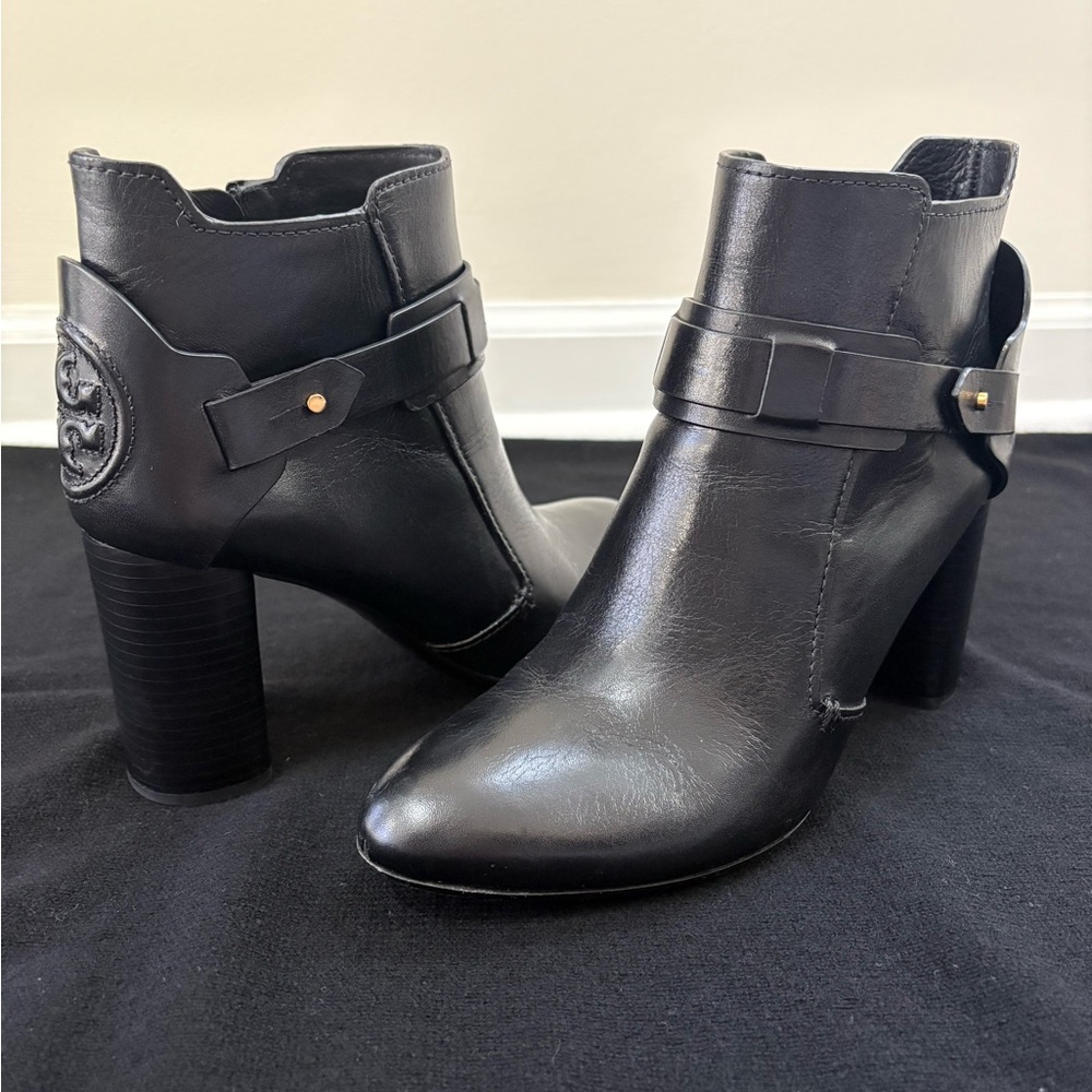 TORY BURCH Black Leather Ankle Boots, Size 8